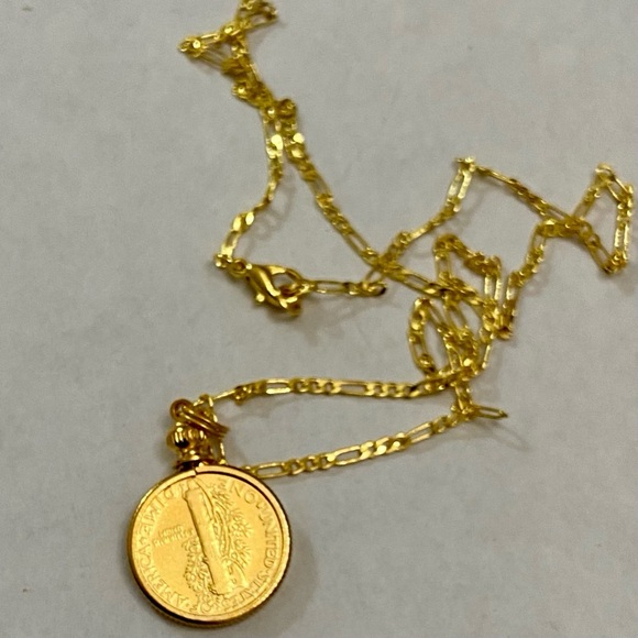 (SOLD) Authentic 1944 Silver Mercury Dime, Gold Plated with  18-inch Gold Filled - Picture 3 of 8